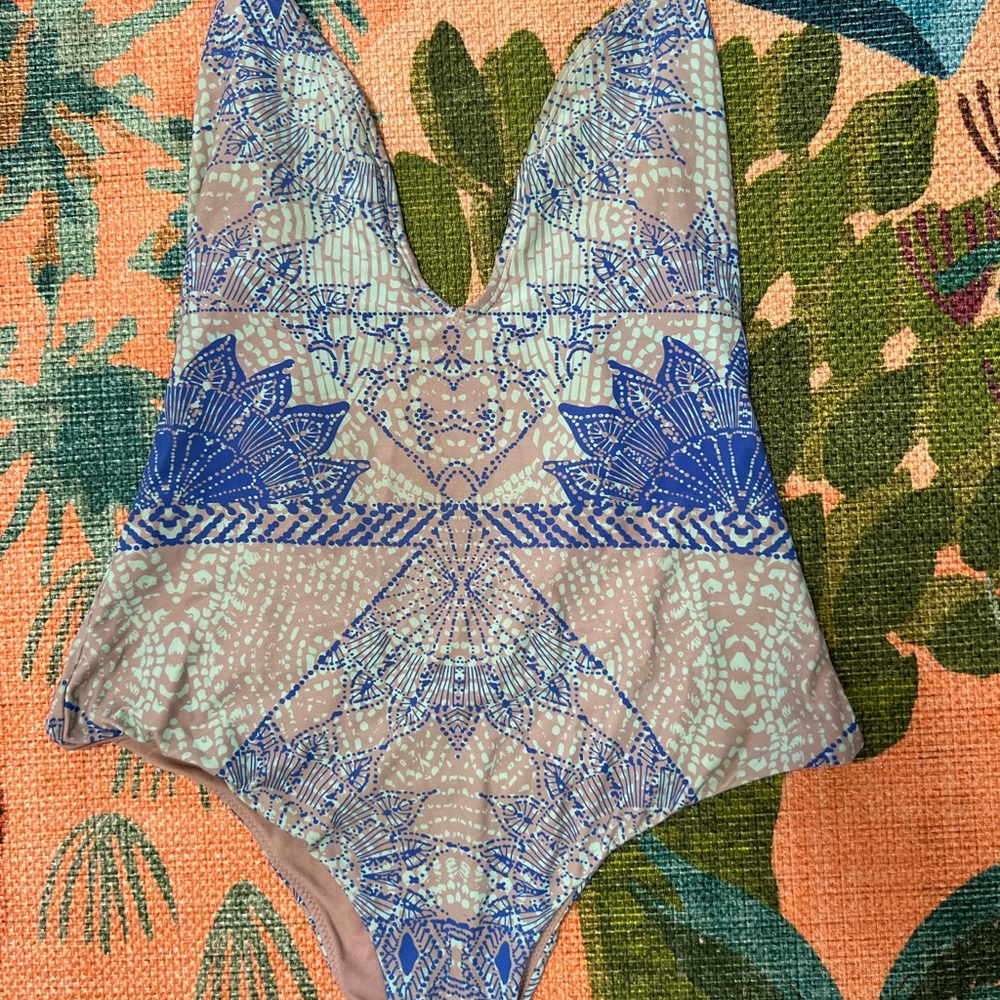 Blue and Beige Patterned Swimsuit